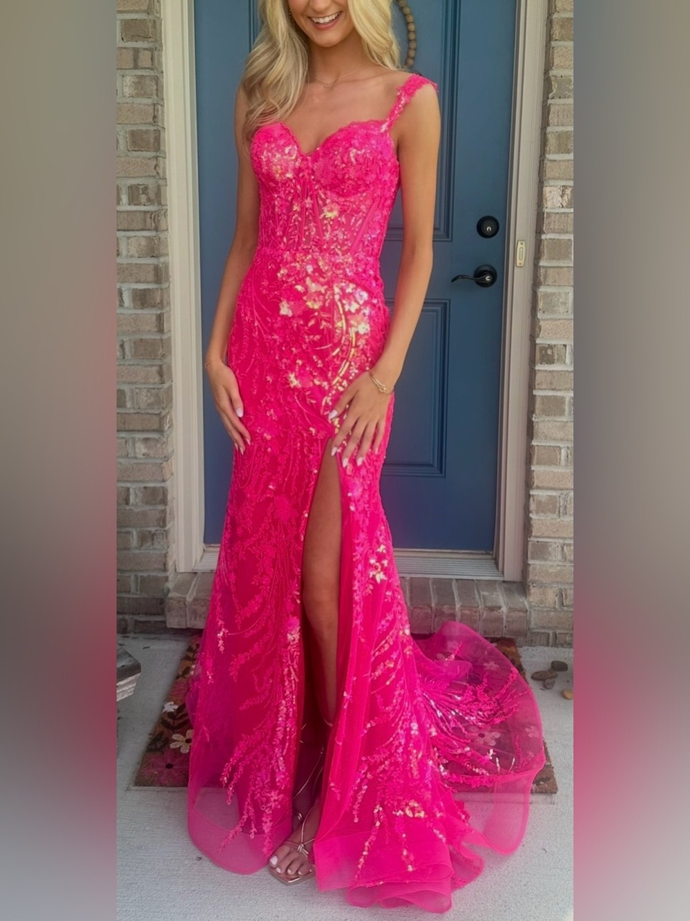 Sherri Hill Hot Pink mermaid off the shoulder Embellished Prom Gown with Slit